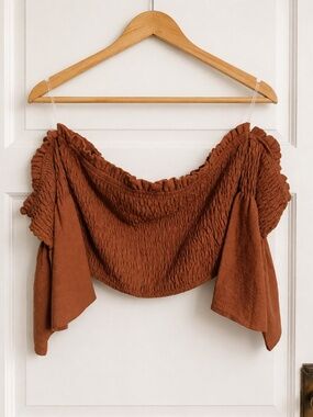 Blushing Heart Rust Smocked Off Shoulder Crop Top L NWT
